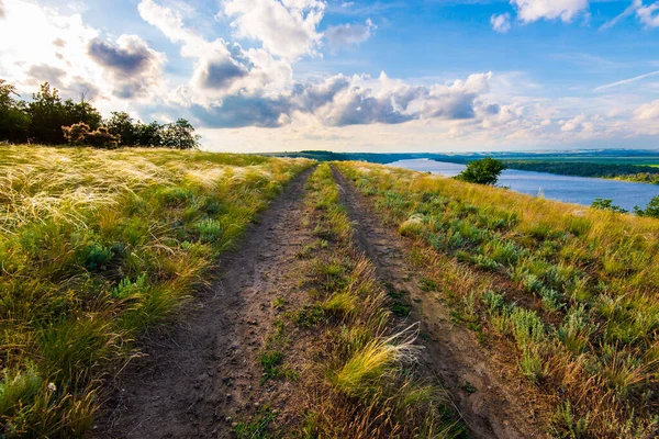 Schotterpiste Der Steppe Zwischen Federwiesen Gras Blauer Himmel Mit Weißen — Stockfoto