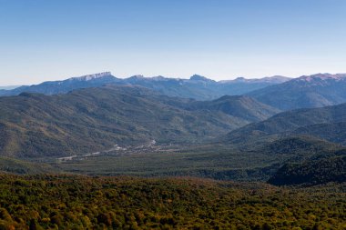 Ormanla kaplı dağların panoramik manzarası.