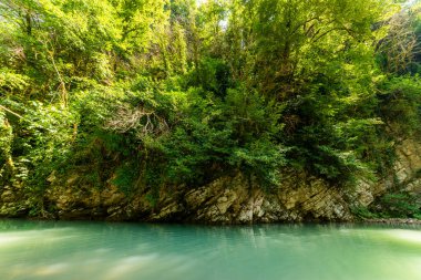 Bir dağ kanyonunda küçük sessiz bir nehir, sonbahar açık hava manzarası.