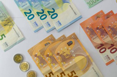 Avro parası. Bozuk para ve banknotlar. Para arkaplanı.