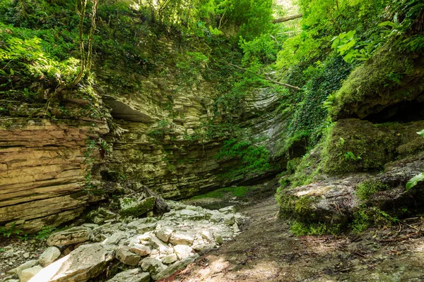 Yürüyüş yolunda duvarda çeşitli taş katmanlarının dokuları.