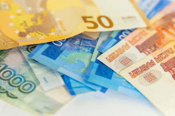 Antecedentes Billetes Euros Rublos Rusos Tipo Cambio — Foto de Stock