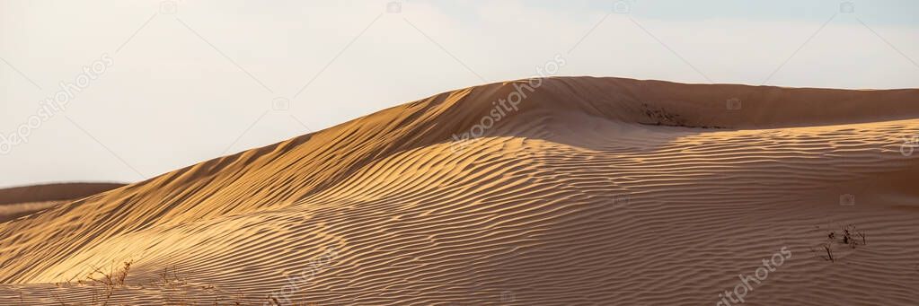 Huge dunes of the desert. Beautiful structures of sandy barkhan or sand-dune. Waves by wind on sand surface.