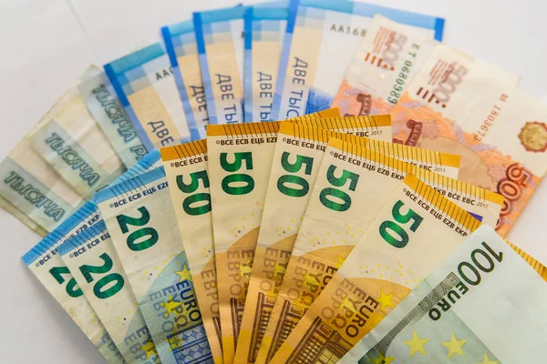 Notas Papel Euro Dólar Rublos Rusos Tipo Cambio Comprar Signo — Foto de Stock