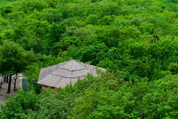 Vue Aérienne Sur Toit Une Petite Cabane Avec Toit Matériaux — Photo