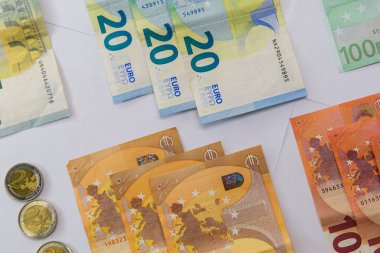 Avro parası. Bozuk para ve banknotlar. Para arkaplanı.