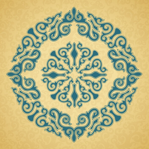 Blue ornament, gold background.