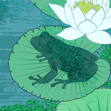 Frog in the swamp. Lily and water. clipart