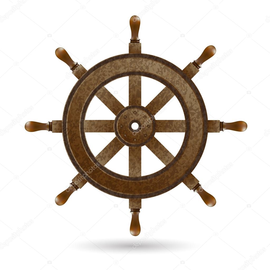 Wooden steering wheel of the ship.