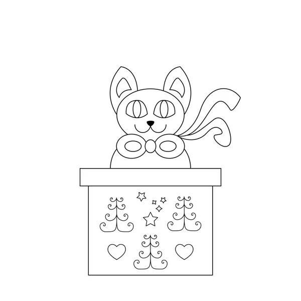 Cat Coming Out Gift Box Funny Christmas Theme Coloring Page — Stock Vector