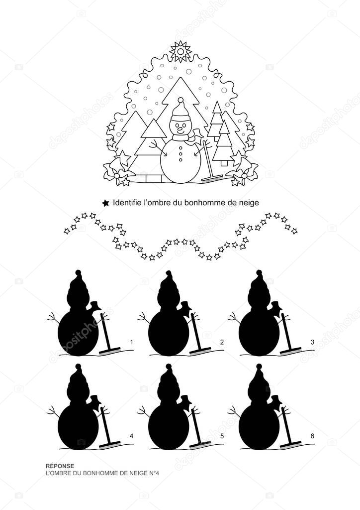 The shadows game. Snowman and fir forest, falling snow. Christmas theme. Educational matching game. Vector illustration. French language.