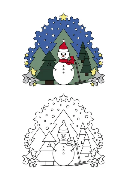 Página Para Colorear Navidad Muñeco Nieve Bosque Abeto Nieve Cayendo — Vector de stock