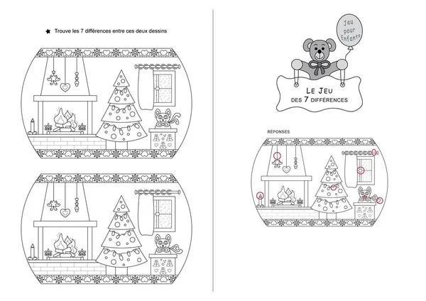 Hra Sedmi Rozdílů Hra Pro Děti Vánoční Téma Černobílý Francouzský — Stockový vektor