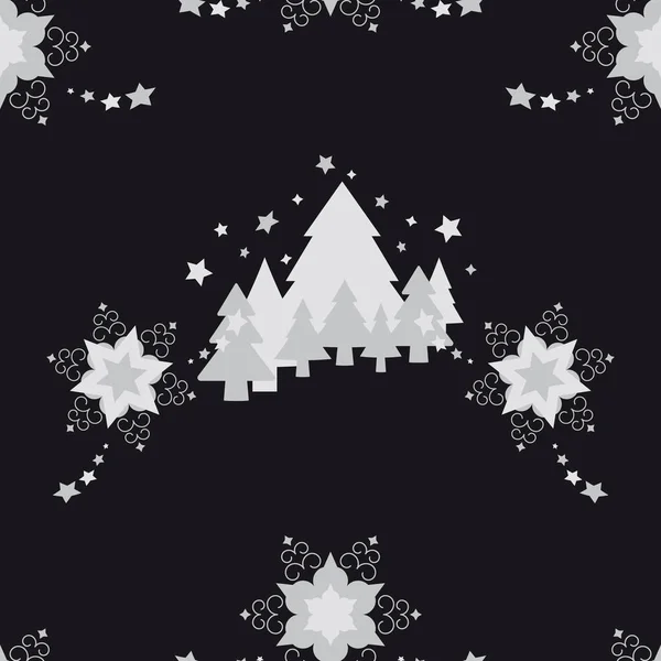 Patrón Sin Costuras Navidad Estrellas Bosque Abeto Negro Gris Ilustración — Vector de stock