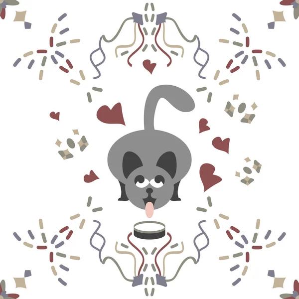 Seamless Pattern Gray Cat Drinking Milk Funny Cute Illustration Vector — Stock Vector