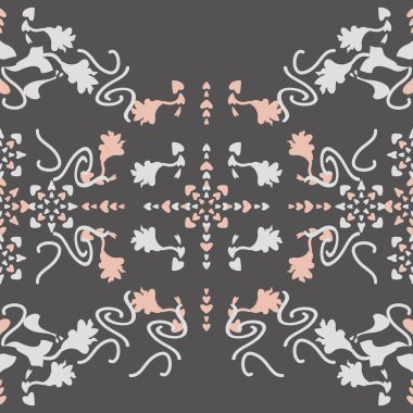 Zambak çiçekli ve kalpli kusursuz desenli bir çiçek. Gri ve pastel turuncu. Vektör.