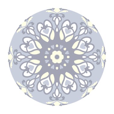 Kalpli Mandala. Şablon. Pastel mavi kot, açık sarı ve beyaz. Pastel renkler. Şeffaf arka plan. Vektör.