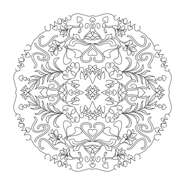 Mandala Cuori Fiori Giglio Pagina Colorare Antistress Illustrazione Vettoriale Bianco — Vettoriale Stock