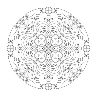 Mandala. Kalp ve dört yapraklı yonca. Stres önleyici boyama sayfası. Sanat Terapisi. Vektör illüstrasyonu siyah ve beyaz.