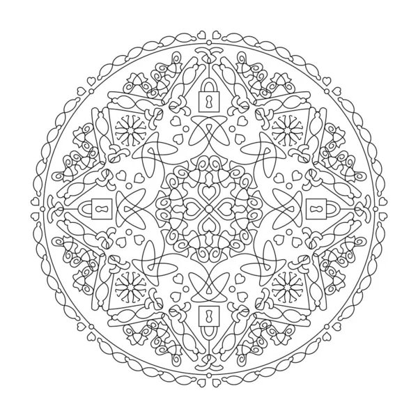 Mandala Corazones Con Candados Página Para Colorear Estrés Terapia Arte — Vector de stock