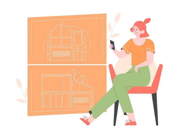 Girl is looking for real estate options for sale. — Stock Vector