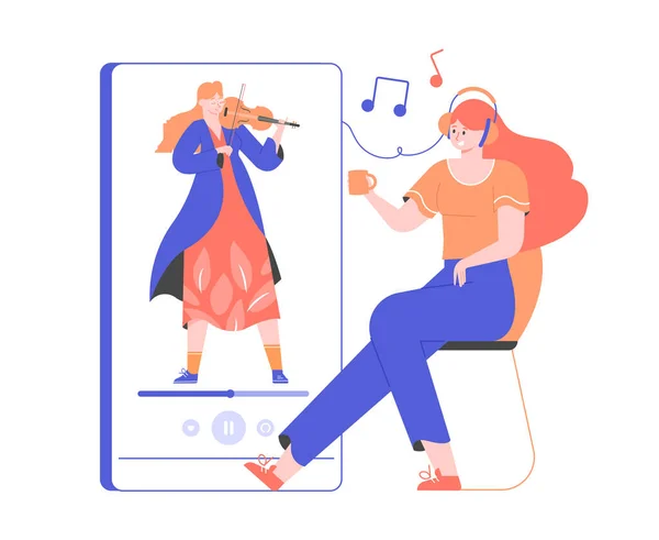 Chica escucha música clásica desde un teléfono inteligente — Vector de stock