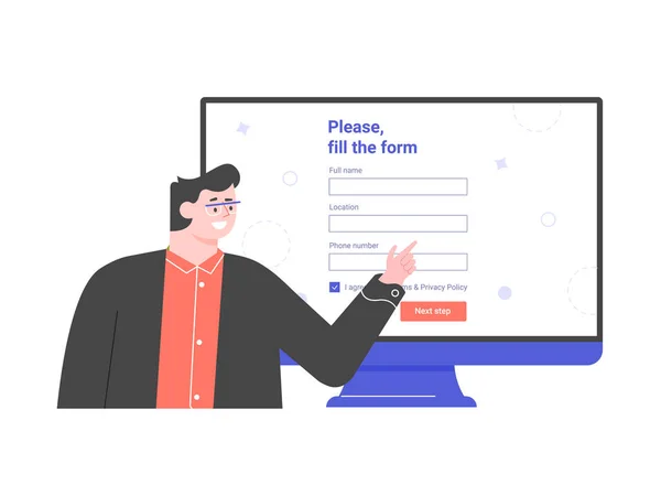 Personagem masculino no fundo de uma tela de computador com um formulário de registro. — Vetor de Stock