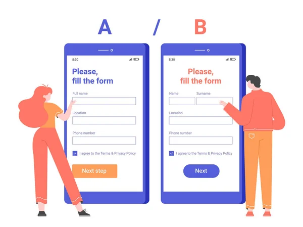 Split AB prueba el formulario de registro en la aplicación móvil. — Archivo Imágenes Vectoriales