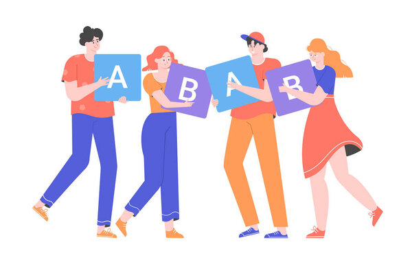 Characters stand with A, B signs in their hands.