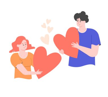 Bir erkek ve bir kadın kalplerini birbirlerine uzatırlar. Mutlu çift, ilişkiler, destek. 