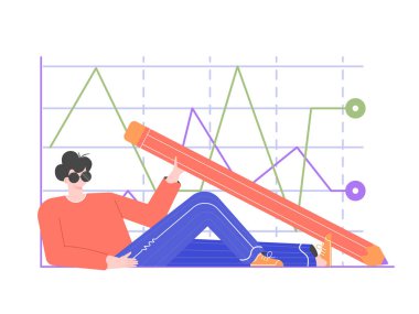 Grafiğin arka planında kocaman bir kalem olan havalı karakter..