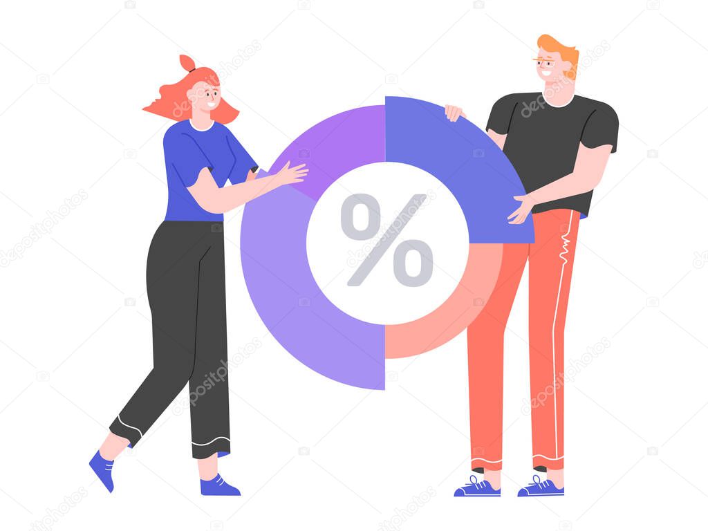 Two characters, a man and a woman, are holding a pie chart. Interest rate. 