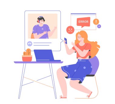 Dizüstü bilgisayarı olan kız internet sağlayıcısının teknik desteğini arıyor. Düz resimleme.
