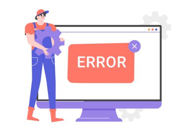 Bilgisayar bakımı. Monitör ekranının yanında bir hata iletisi ile uzman tamirci. 
