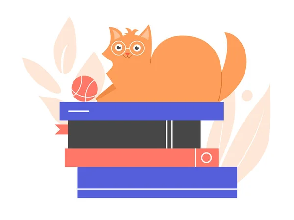 Gember kat op een stapel boeken. Intelligente gezelschapsspellen. — Stockvector