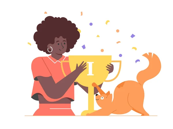 Premio, premio, mujer dueña y mascota celebrando el éxito. Ginger cat ganando el primer premio, copa de oro. — Archivo Imágenes Vectoriales