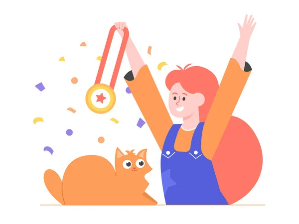 Prêmio, prêmio, dona de menina e pet celebrando o sucesso. Ginger gato ganhando primeiro prêmio, medalha de ouro. — Vetor de Stock