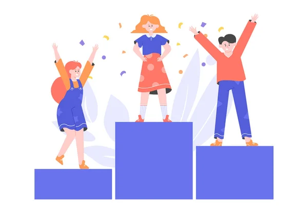 Niños en el pedestal. Pequeños ganadores de concurso. — Vector de stock