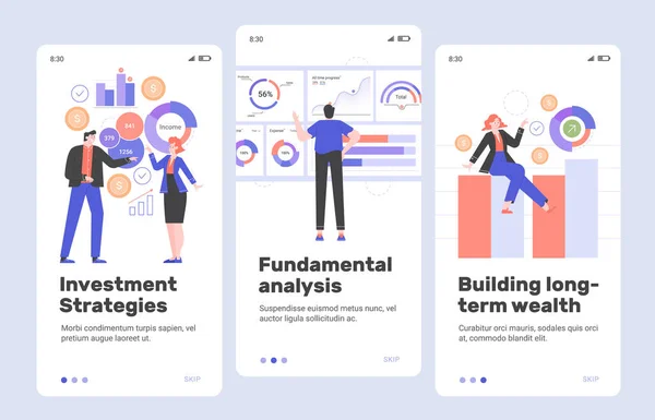 Onboarding uma aplicação móvel sobre investimentos. Telas de boas-vindas. —  Vetores de Stock