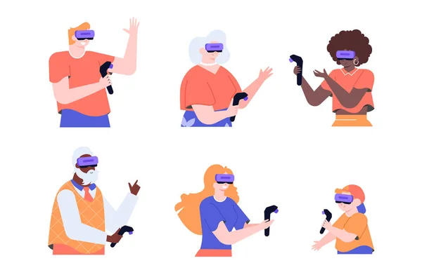 Σύνολο χαρακτήρων διαφορετικών ηλικιών σε γυαλιά VR με χειριστήρια στα χέρια τους. — Διανυσματικό Αρχείο