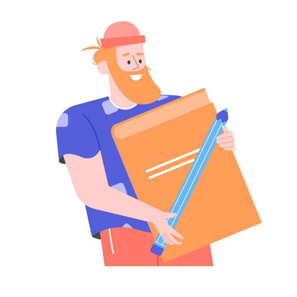 Lindo personaje pelirrojo hombre con libro y lápiz. — Vector de stock