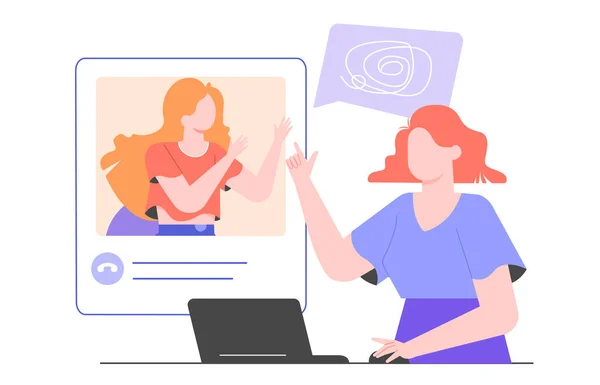 Девушка на терапии с психологом онлайн. Концепция интернет-чата. — стоковый вектор