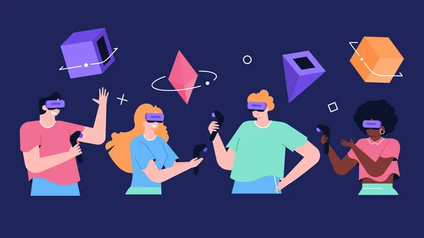 Set personages op zwarte achtergrond in VR bril met controllers in hun handen. — Stockvector