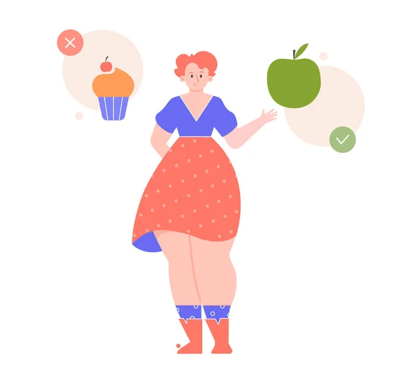 Söt fyllig flicka karaktär väljer hälsosam mat. — Stock vektor