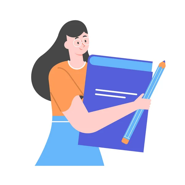 Linda chica personaje con libro y lápiz. — Vector de stock