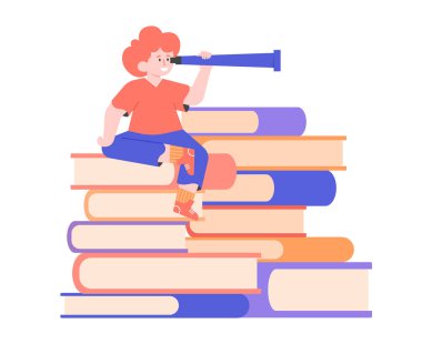 Öğrenci elinde dürbünle kitap yığınının üstünde oturuyor.. 