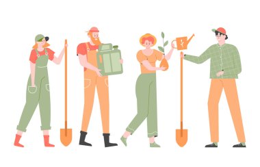 Çiftçiler yakınlarda duruyor. Elinde kürek, su kovası ve fideleri olan bir grup insan.. 