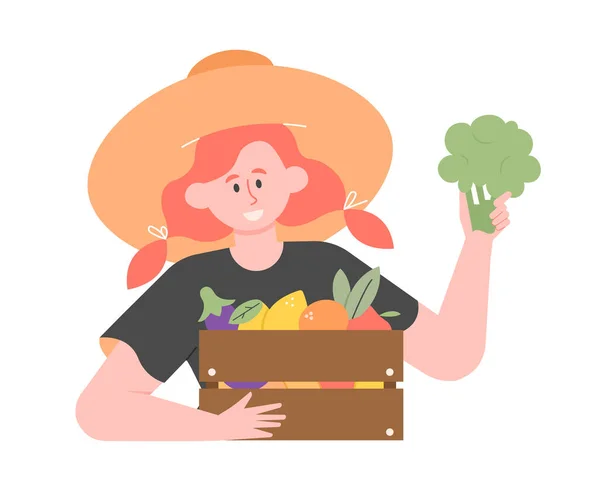 Linda chica personaje con una caja de verduras frescas y frutas. — Vector de stock