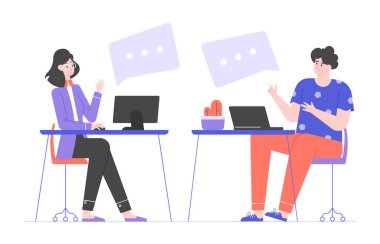 Ofisteki iş arkadaşları. İşyerlerinde bilgisayarlarla oturuyorlar.. 