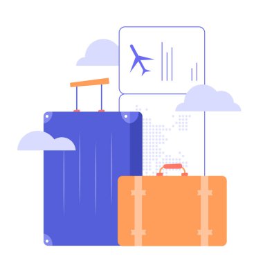 Bavul, bavul, uçak bileti ve bulutlar. 